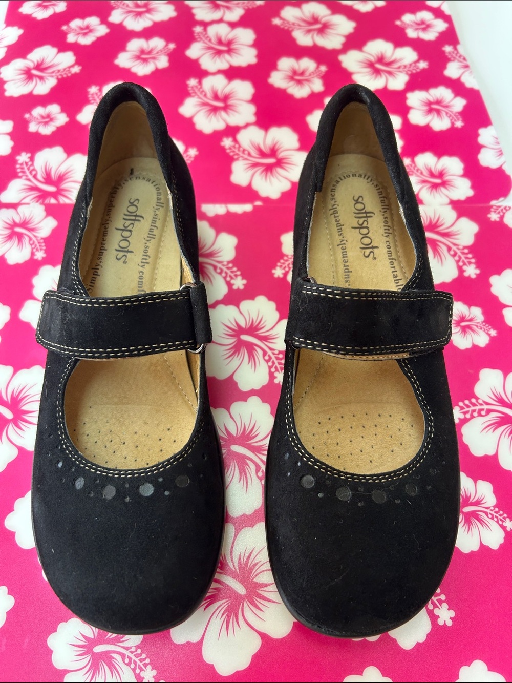 Softspots Black Suede Mary Jane Flats with Velcro Strap